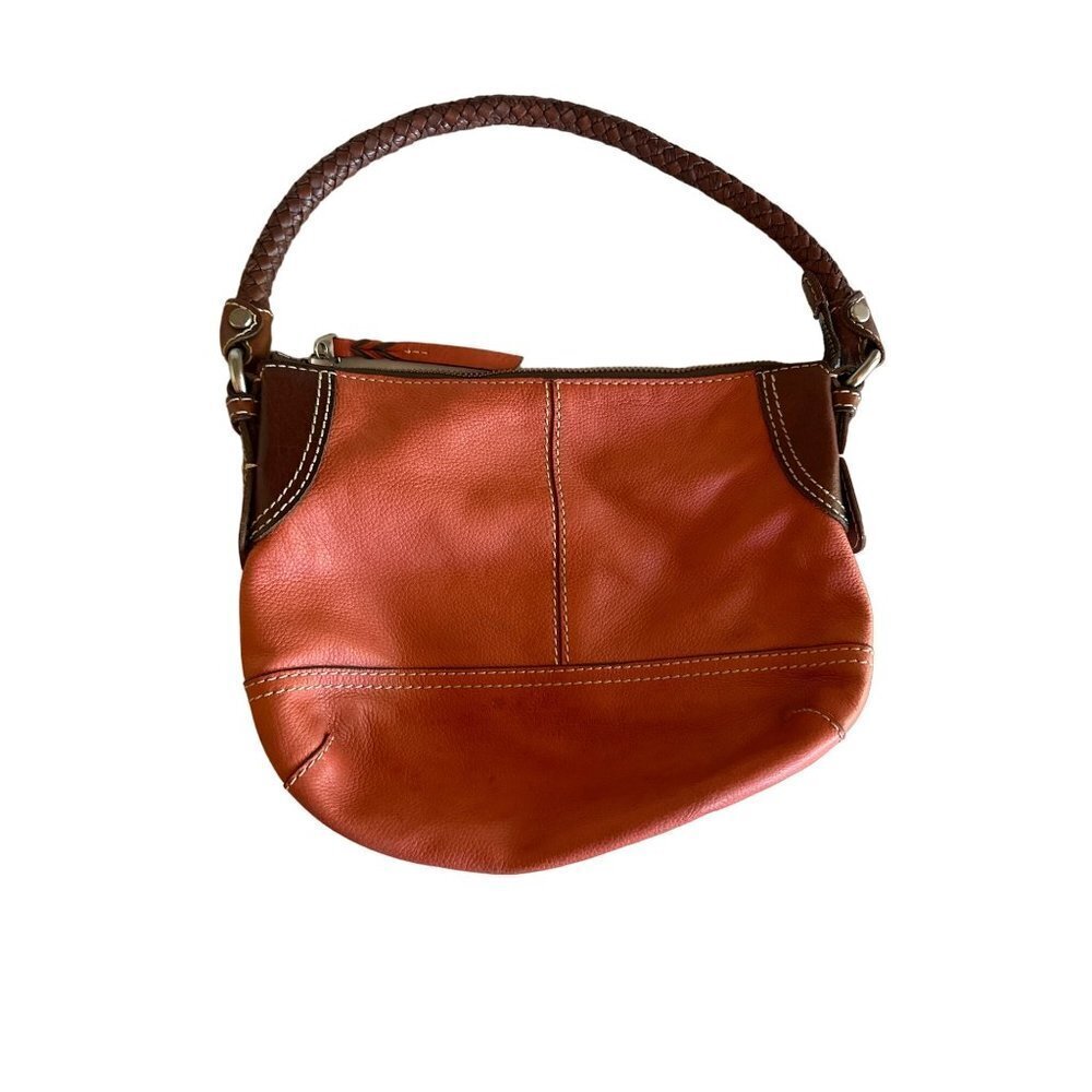 Fossil Orange Leather Purse Bag Braided Brown Handle Zip Top Interior Zip Pocket